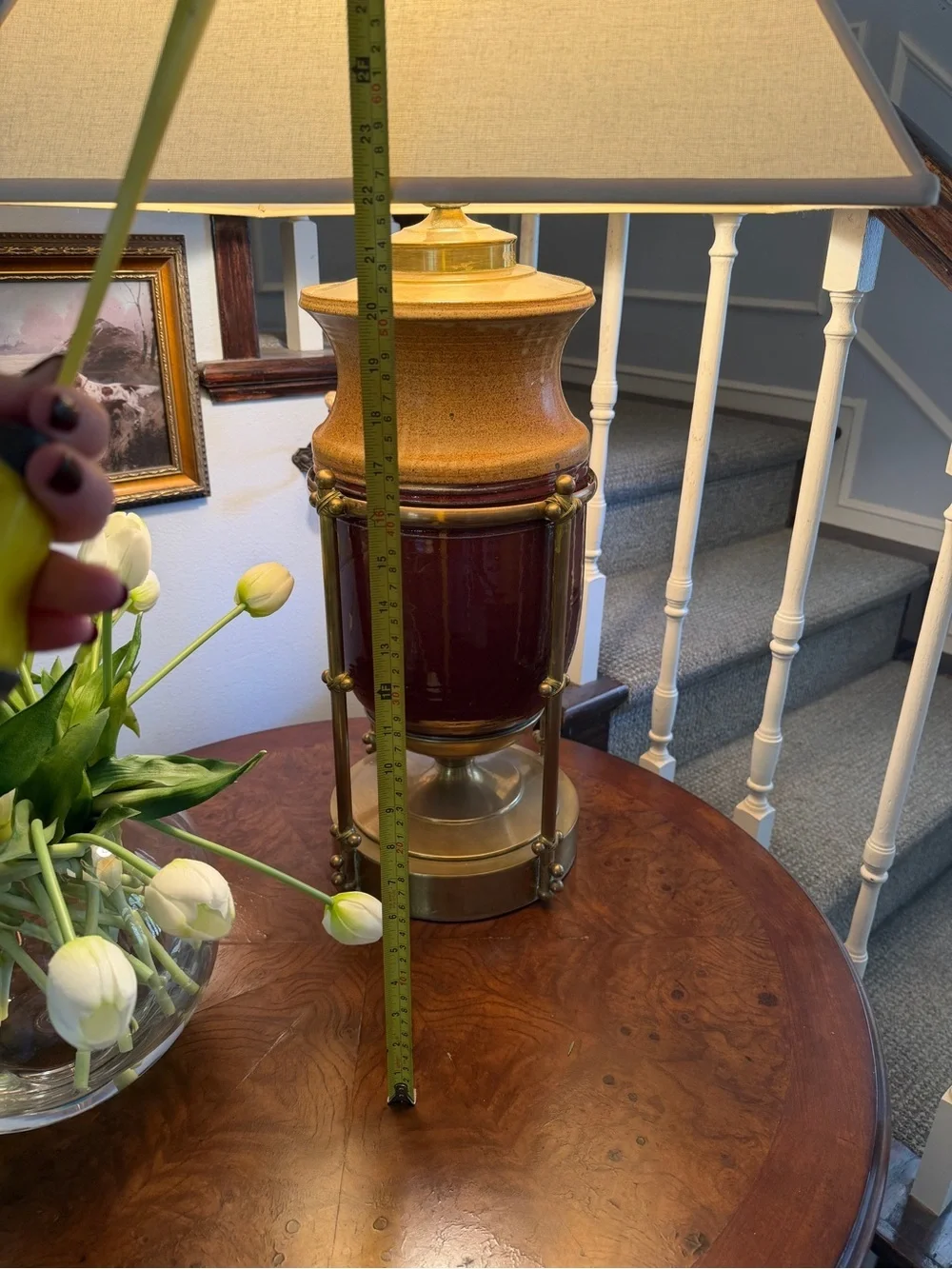 Vintage Mid Century Ceramic Brass Accent Table Lamp in Red and Tan by